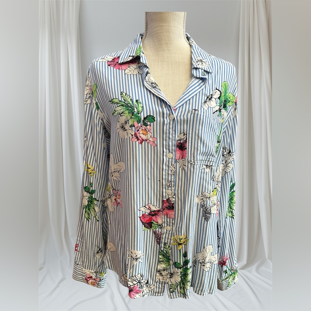Velvet heart sz large button down long sleeve blouse, floral print stripes